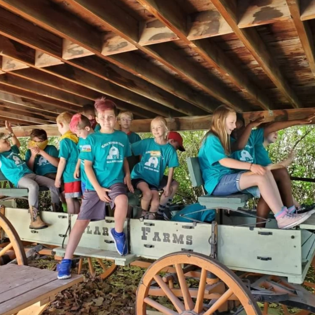 Group of children sitting on a wagon at a farm camp