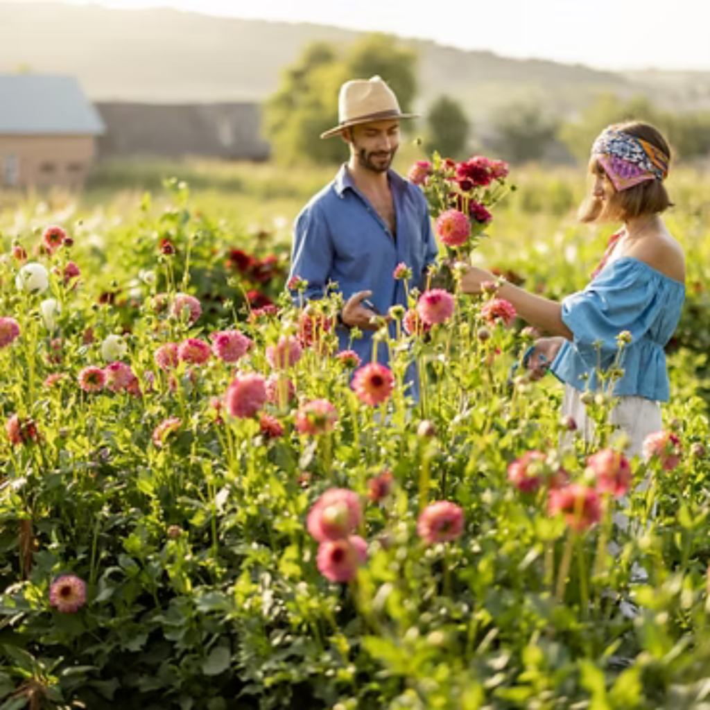 A man and woman picking flowers in a flower field