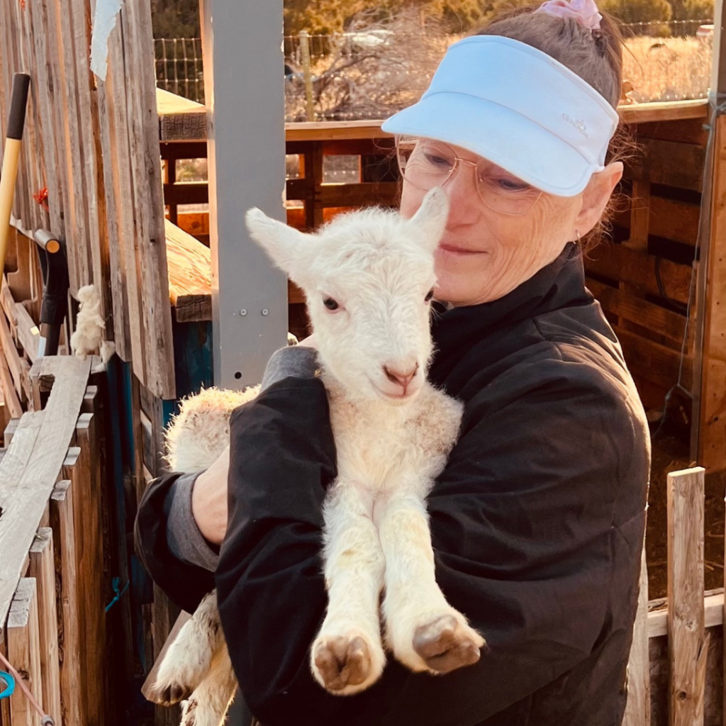 A woman holding a white lamb