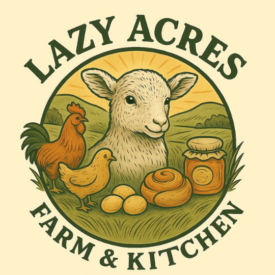 An illustrated circular logo for "Lazy Acres Farm & Kitchen"