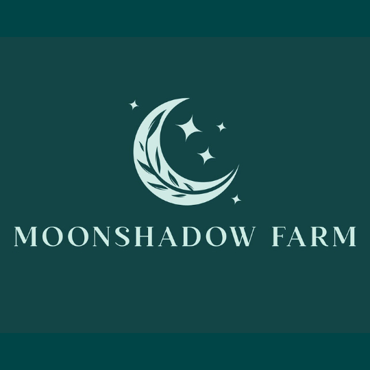 Moonshadow Logo Moonshadow Farm logo featuring a mint-colored crescent moon with a leafy branch and stars on a dark teal background.