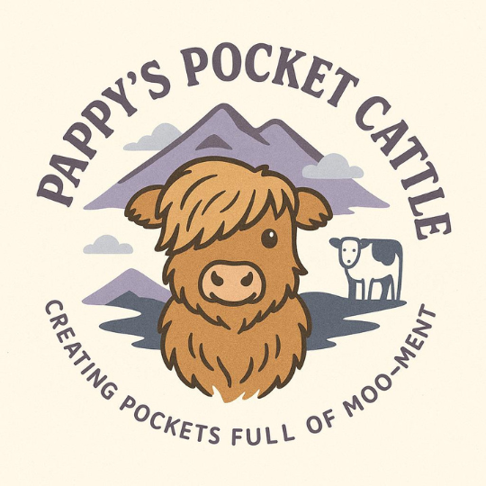 "Pappy's Pocket Cattle" logo with a fluffy brown Highland calf in the center.