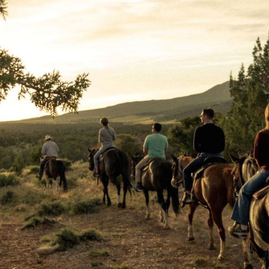 group of people horseback riding into the sunset