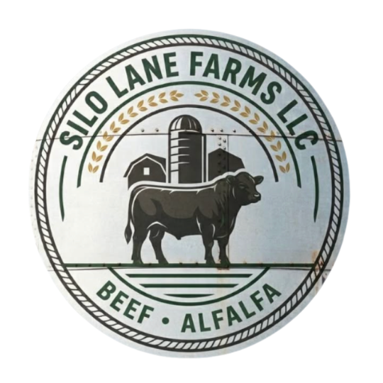 Silo Lane Farms circular logo with a shadowed shape of a cow and silo in the center