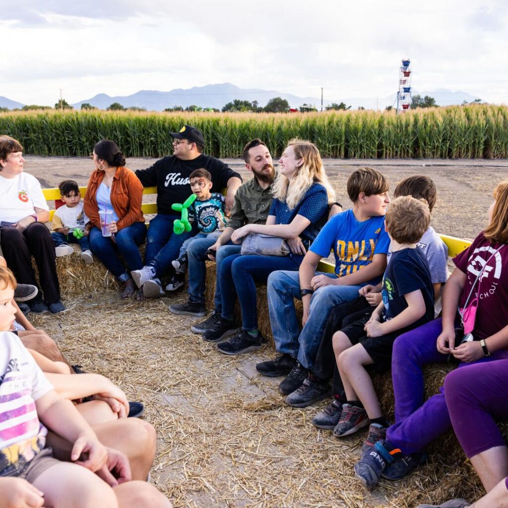 children riding on a hay ride